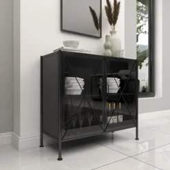 Cabinets & Sideboards-Kirkland's Home Iron X-Panel Cabinet Black