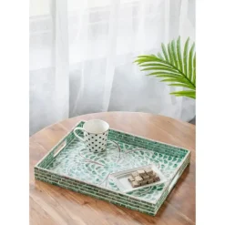 Decorative Trays-Kirkland's Home Ivory And Clover Mosaic Capiz Shell Tray, 17 In. Green/Ivory