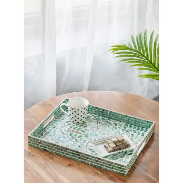 Decorative Trays-Kirkland's Home Ivory And Clover Mosaic Capiz Shell Tray, 17 In. Green/Ivory