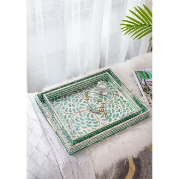 Decorative Trays-Kirkland's Home Ivory And Clover Mosaic Capiz Shell Tray, 15 In. Green/Ivory