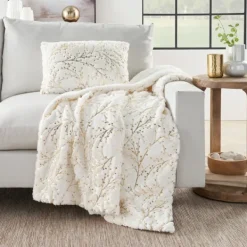 Blankets & Throws-Kirkland's Home Ivory And Gold Metallic Branches Throw Gold/Ivory
