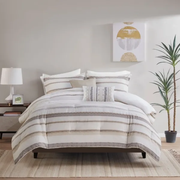 Comforters-Kirkland's Home Jacquard Stripe 5-Pc. Full/Queen Comforter Set White/Gray/Tan