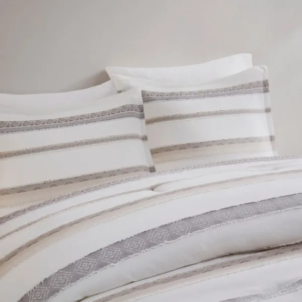 Comforters-Kirkland's Home Jacquard Stripe 5-Pc. Full/Queen Comforter Set White/Gray/Tan