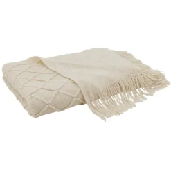 Blankets & Throws-Kirkland's Home Knitted Beige With Fringe Throw Blanket Tan