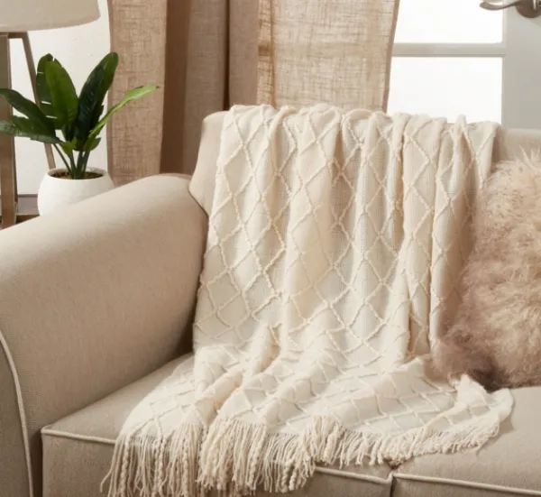 Blankets & Throws-Kirkland's Home Knitted Beige With Fringe Throw Blanket Tan