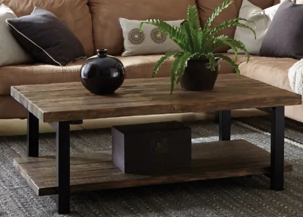 Coffee Tables-Kirkland's Home Large Brown Pine Wood And Metal Coffee Table Tan
