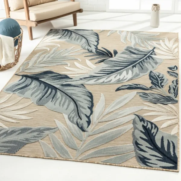 Outdoor Rugs-Kirkland's Home Large Print Tropical Leaf Outdoor Area Rug, 5X7 Tan/Green