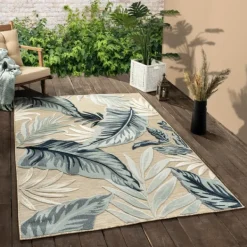 Outdoor Rugs-Kirkland's Home Large Print Tropical Leaf Outdoor Area Rug, 5X7 Tan/Green