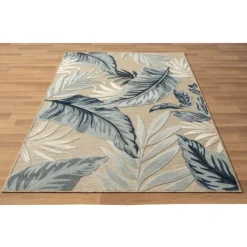 Outdoor Rugs-Kirkland's Home Large Print Tropical Leaf Outdoor Area Rug, 5X7 Tan/Green