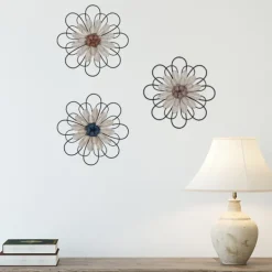 Wall Plaques-Kirkland's Home Layered Metal & Wood Flower Wall Plaques, Set Of 3 Black/Tan}Multi