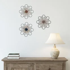 Wall Plaques-Kirkland's Home Layered Metal & Wood Flower Wall Plaques, Set Of 3 Black/Tan}Multi