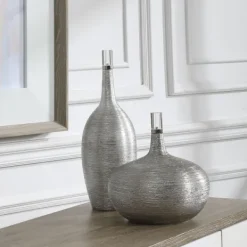 Vases-Kirkland's Home Leaf Ribbed Gatsby Bottle Vases, Set Of 2 Silver