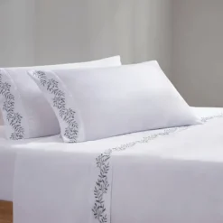 Bed Sheets-Kirkland's Home Leafy Vine Hem Microfiber 4-Pc. Full Sheet Set White/Green