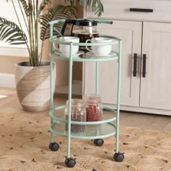 Kitchen Islands & Bar Carts-Kirkland's Home Light Blue Round Metal Bar Cart
