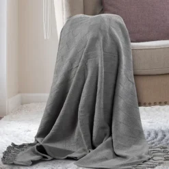 Blankets & Throws-Kirkland's Home Light Checkered Weave Fringe Throw Gray