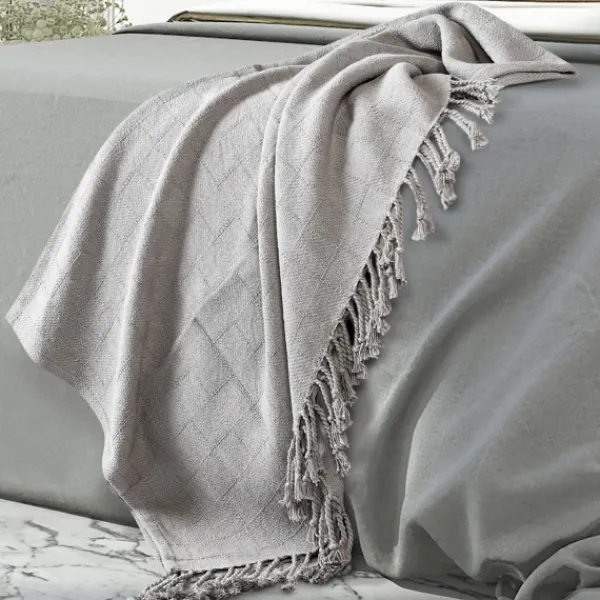 Blankets & Throws-Kirkland's Home Light Checkered Weave Fringe Throw Gray