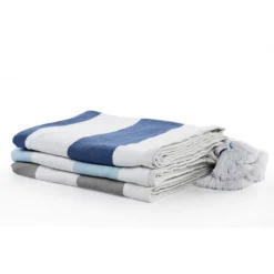 Blankets & Throws-Kirkland's Home Light Gray Cabana Stripe Tassel Throw Gray/White
