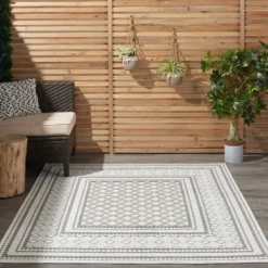 Outdoor Rugs-Kirkland's Home Light Gray Tile Motif Outdoor Area Rug, 5X7 Gray/White