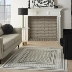 Outdoor Rugs-Kirkland's Home Light Gray Tile Motif Outdoor Area Rug, 5X7 Gray/White