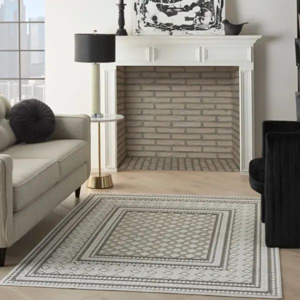 Outdoor Rugs-Kirkland's Home Light Gray Tile Motif Outdoor Area Rug, 5X7 Gray/White