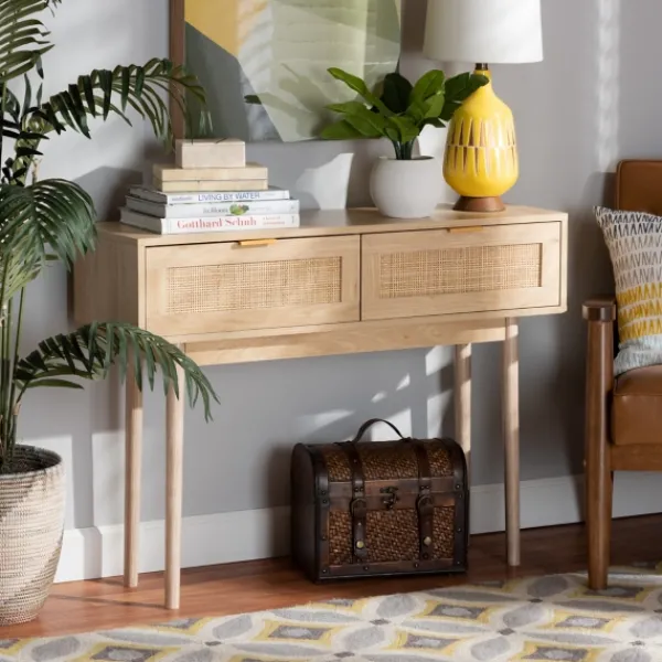 Console Tables-Kirkland's Home Light Oak Rat And Wood Console Table Tan