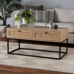 Coffee Tables-Kirkland's Home Light Wood And Rat 2-Drawer Coffee Table Tan