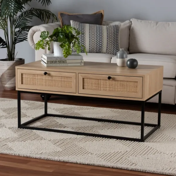 Coffee Tables-Kirkland's Home Light Wood And Rat 2-Drawer Coffee Table Tan