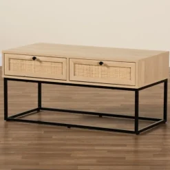 Coffee Tables-Kirkland's Home Light Wood And Rat 2-Drawer Coffee Table Tan