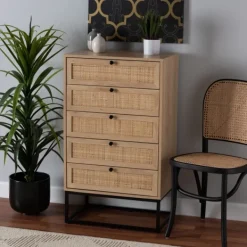 Dressers & Chests-Kirkland's Home Light Wood And Rat 5-Drawer Chest Tan