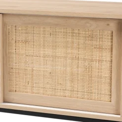 Cabinets & Sideboards-Kirkland's Home Light Wood And Rat Sliding Door Cabinet Tan