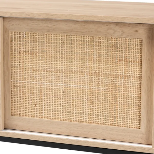Cabinets & Sideboards-Kirkland's Home Light Wood And Rat Sliding Door Cabinet Tan