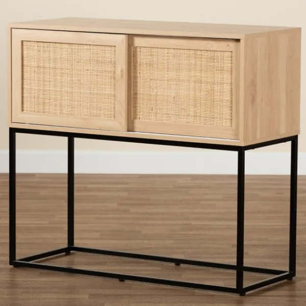 Cabinets & Sideboards-Kirkland's Home Light Wood And Rat Sliding Door Cabinet Tan