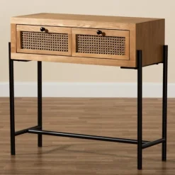 Console Tables-Kirkland's Home Light Wood And Rattan 2-Drawer Console Table Brown
