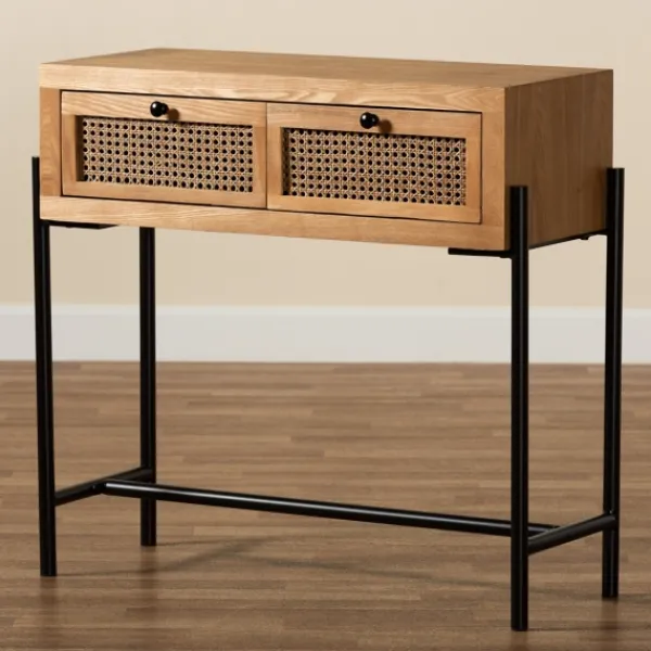 Console Tables-Kirkland's Home Light Wood And Rattan 2-Drawer Console Table Brown
