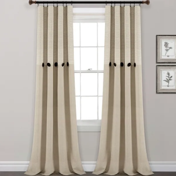 Curtains & Drapes-Kirkland's Home Linen Button And Stripe Curtain Panel Set, 84 In. Tan/White