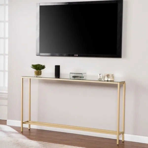 Console Tables-Kirkland's Home Long Metal Mirrored Top Console Table Gold