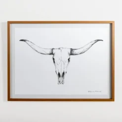 Framed Art-Kirkland's Home Longhorn Skull On Paper Framed Art Print White/Black