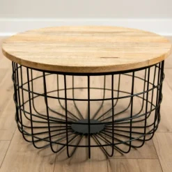 Coffee Tables-Kirkland's Home Mango Wood And Black Metal Basket Coffee Table Tan
