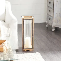 Lanterns-Kirkland's Home Mango Wood Frame Lantern, 31 In. Brown