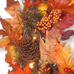 Wreaths-Kirkland's Home Maple Berry Pinecone Pre-Lit Harvest Wreath Orange/Brown