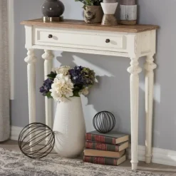 Console Tables-Kirkland's Home Marquetterie Whitewashed Oak Top Console Table