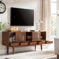Tv Stands & Media Consoles-Kirkland's Home Martina Midcentury Woven Cane Media Cabinet Brown