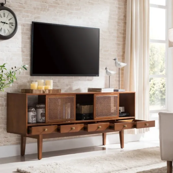 Tv Stands & Media Consoles-Kirkland's Home Martina Midcentury Woven Cane Media Cabinet Brown