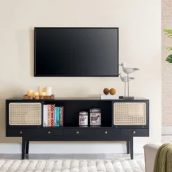 Tv Stands & Media Consoles-Kirkland's Home Matilda Midcentury Woven Cane Media Cabinet Black