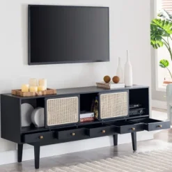 Tv Stands & Media Consoles-Kirkland's Home Matilda Midcentury Woven Cane Media Cabinet Black