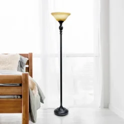Floor Lamps-Kirkland's Home Matte Black And Amber Glass Torchiere Tan