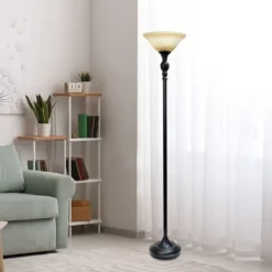 Floor Lamps-Kirkland's Home Matte Black And Amber Glass Torchiere Tan