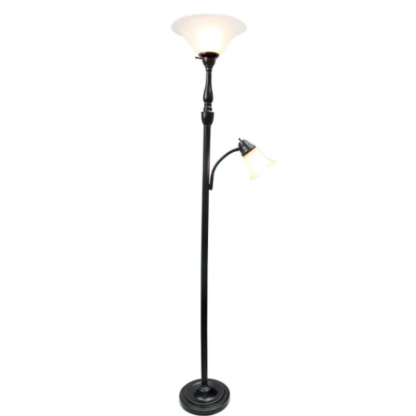 Floor Lamps-Kirkland's Home Matte Bronze And White Reading Arm Torchiere Brown
