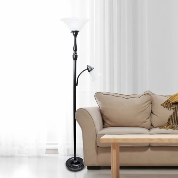 Floor Lamps-Kirkland's Home Matte Bronze And White Reading Arm Torchiere Brown