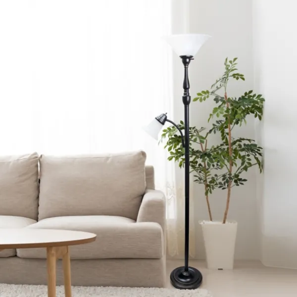 Floor Lamps-Kirkland's Home Matte Bronze And White Reading Arm Torchiere Brown